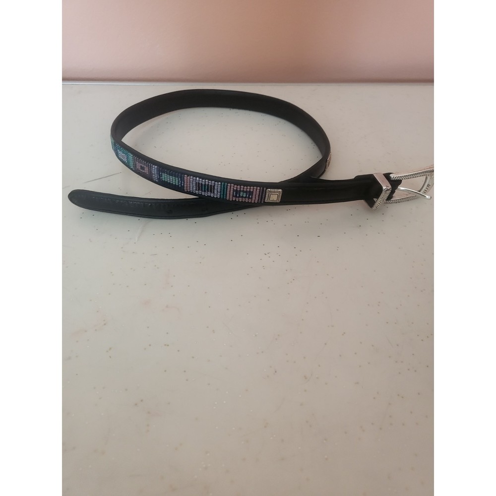 Brighton Skinny Belt Womens Sm 28 Black Leather Multicolor Pastel Beads Western